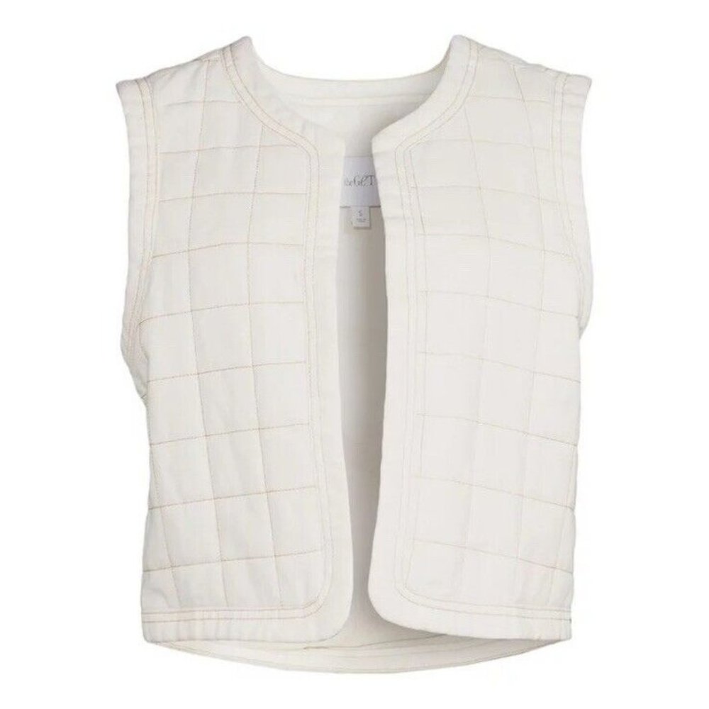 The Get Women's Denim Quilted Open Front Vest White Size M
